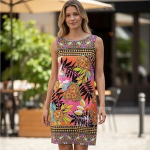 CACHE WOMEN'S SZ 12 FLORAL PRINT DRESS Boho‎ Colorful 70's Sleeveless Short